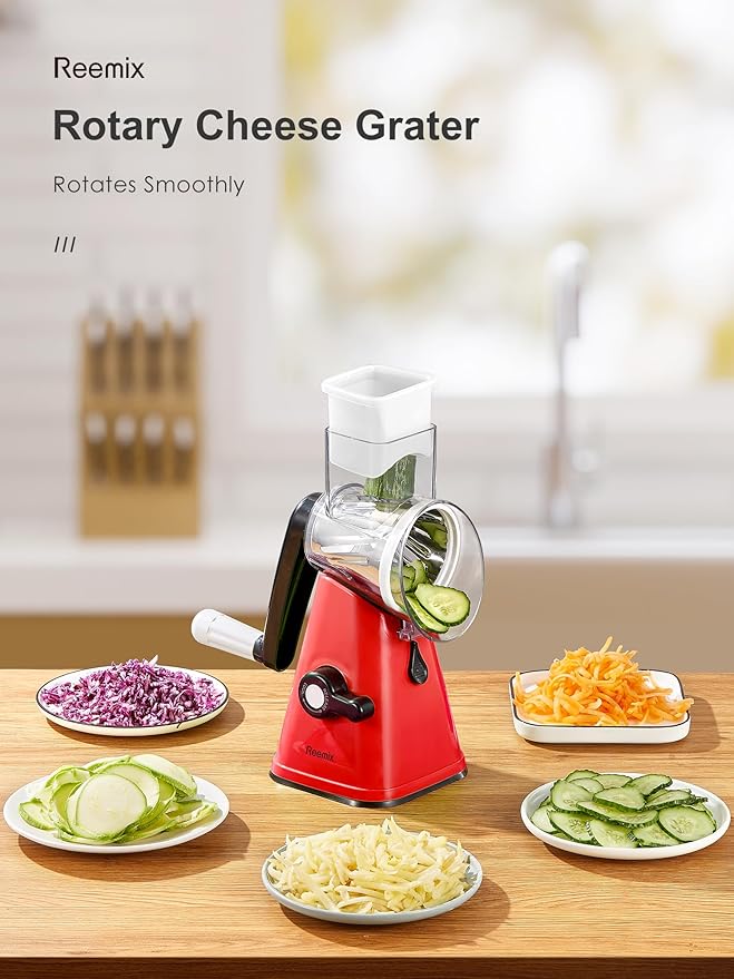 Rotary Cheese Grater with Handle, Reemix Vegetable Cheese Shredder Slicer Grater for Kitchen 3 Changeable Blades for Cheese Potato Zucchini Nuts Chocolate (Red)