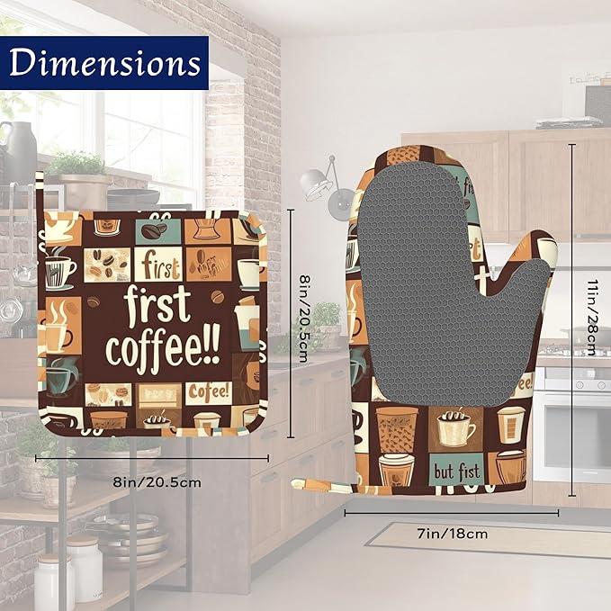 First Coffee Oven Mitts and Pot Holders Vintage Modern Art Silicone Kitchen Accessories Set of 4 Heat Resistant Non-Slip Long Gloves Potholder for Chef Cooking Baking Gifts Women Men