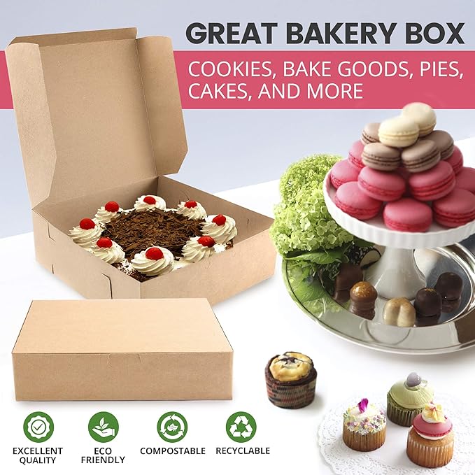 Fit Meal Prep 250 Pack Kraft Bakery Boxes - Brown Cardboard Pie & Dessert Boxes, 9x9x3 inches, for Cupcakes, Chocolates & Donuts