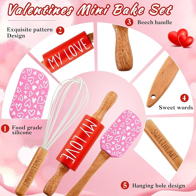 Fuutreo Valentines Holiday Mini Bake Set with Mini Spatula, Whisk and Rolling Pin, Sweetheart Pattern, Heat Resistant, Valentine Sweet Gift Bake Set for Baking Cooking Sauteing Mixing Serving Stirring