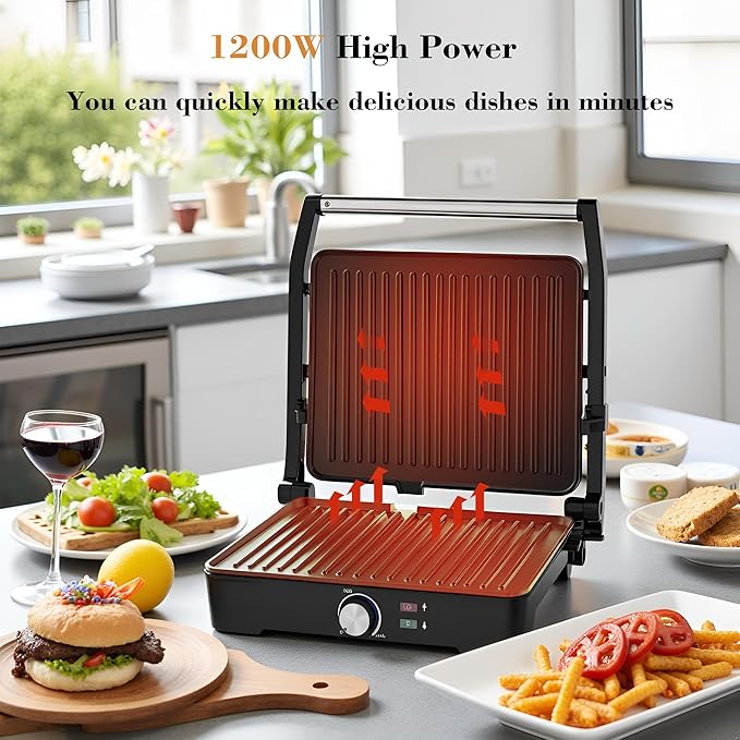 Panini Press,Sandwich Press Grill,180 Degree Open,Perfect for Grilling Sandwich,Steak,Burger,Non-Stick Grill,Table Grill,Stainless Steel,Temperature Adjustable,4 Slice,Barbecue,GT49A