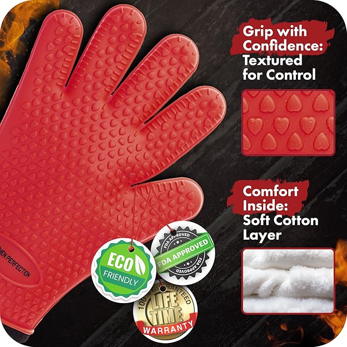 KITCHEN PERFECTION Silicone Smoker Oven Gloves -Extreme Heat Resistant BBQ Gloves -Handle Hot Food Right on Your Smoker Grill Fryer Pit|Waterproof Oven Mitts Grill Gloves |Superior Value Set+3 Bonuses