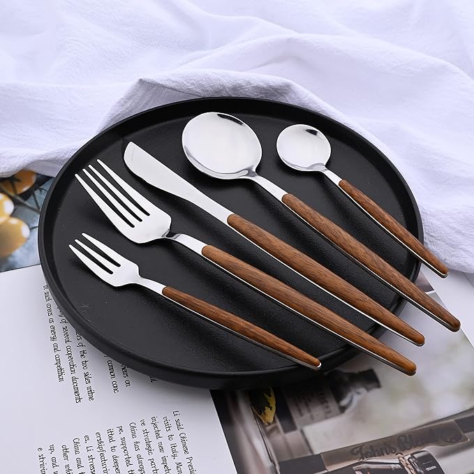 6 PCS Silver Steak Knife With Wooden Effect Handle, Stainless Steel Dinner Knife Set for 6, Mirror Polished Table Knives Set for Home Hotel Restaurant, Easy To Clean