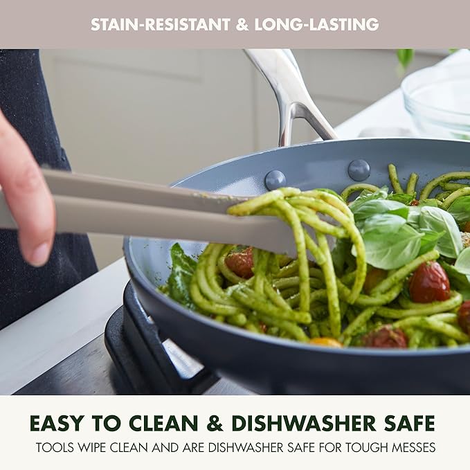 GreenPan Silicone Tong, Cooking Grilling Serving, Salad, Kitchen Utensil, Flexible Rubber Nonstick Cookware, Rigid Steel Core, Heat-Resistant, Anti-Slip Handle, BPA-Free, Dishwasher Safe, Taupe
