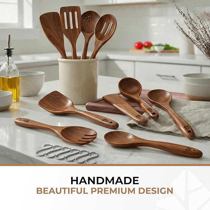 Wooden Spoons for Cooking – 10 Pcs Premium Teak Wooden Utensil Set with Hooks - Durable, Nonstick Safe, Easy to Clean & Heat Resistant with Ergonomic Handles