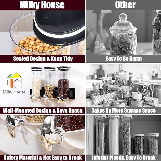 2 Pack Cereal Dispensers, Wall Mounted Food Dispenser Large Capacity Candy Dispenser, Double Dry Food Dispensers Wall Mount, Grain Dispenser for Kitchen Storage Oatmeal Snack Coffee Beans Candy, Black