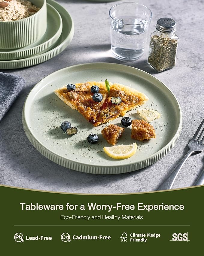 Famiware Star Dinnerware Set, Plates and Bowls Sets for 4 (12pcs), Ribbed Stoneware Dishes - Chip & Scratch Resistant, Microwave & Dishwasher Safe, Matte Sage Green