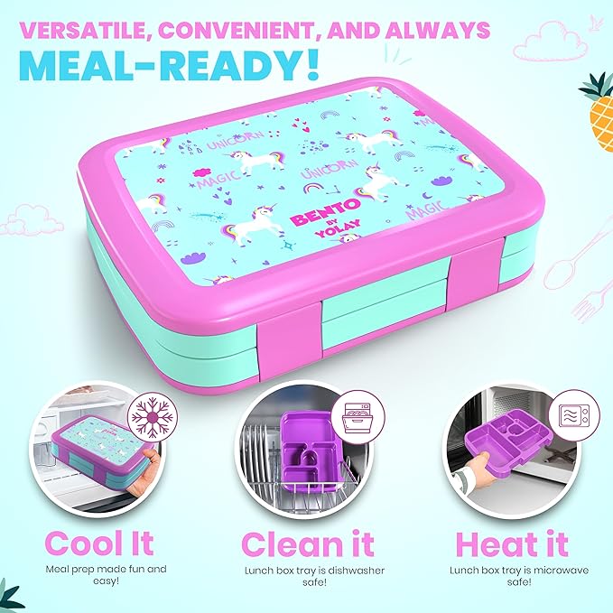 YOLAY Bento Box for Kids Lunch Box Leak-Proof, 5-Compartment Lunch Box Kids for Ages 3-10, Durable with Anti-Slip Base, Suitable for Schools, Outdoor and Travel (Unicorn)