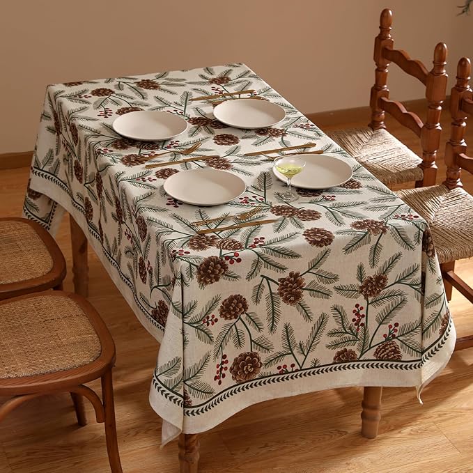ISAENNE Designer Christmas Beige Linen Small Rectangular Tablecloth,Pinecones Pattern Indoor Tablecloths,Washable Decor Table Cloth for Dining Thanksgiving Kitchen Christmas,55"*71"-Carol B