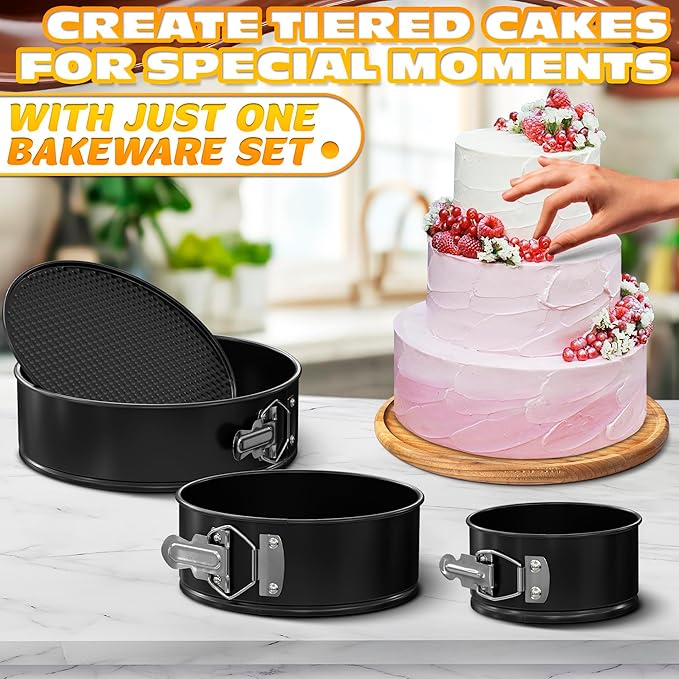 Spring Form Pan for Cheesecake - Leak Resistant Springform Pan Set, Easy-Open Latch, Removable Bottom, Clean Release, Nonstick Round Cake Pans Set, 60 Parchment Liners, Great as Kitchen Gifts for Mom