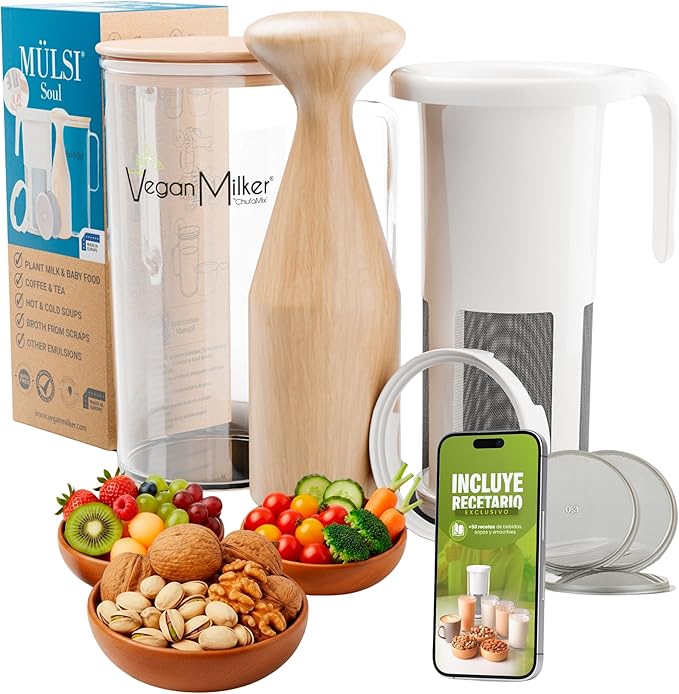 Vegan Milker Mulsi Soul Multifunctional Strainer Filter – Homemade Vegetable Milk, Burmese Tofu, etc. Maximum Emulsion with Interchangeable Discs. 1 Litre in 1 Minute. Ebook Recipes - Made in Spain