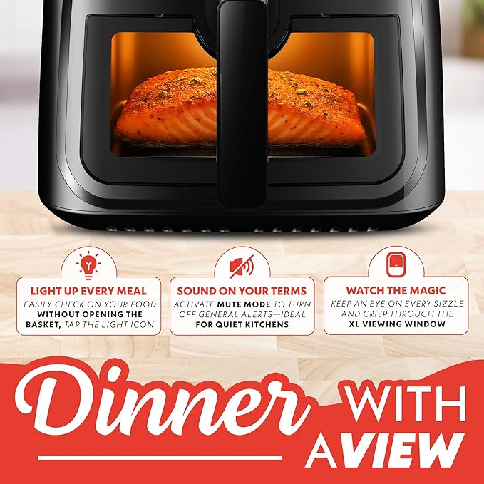 Gourmia 8 Qt Air Fryer, 8 Presets with Digital Display, FryForce 360° Technology, Easy View Window & Interior Light, Dishwasher Safe Basket, Black