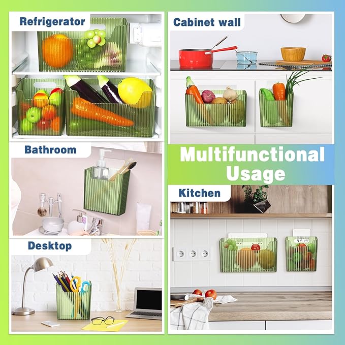 8 Pcs Storage Organizer Bins Wall Mounted Organizer Basket Plastic Cabinet Door Bins Stackable Hanging Baskets for Organizing for Wall Refrigerator Kitchen Bathroom Pantry(3.94'',Green)