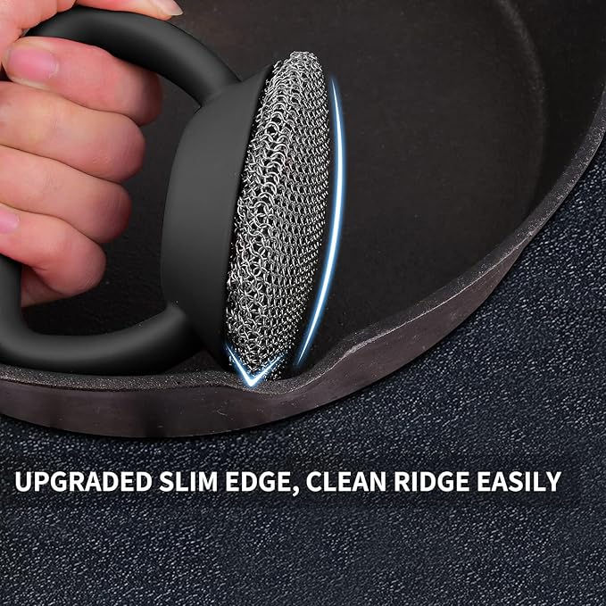 Cast Iron Cleaner Scrubber with Heavy Duty Handle, 3mm Welded Chain Mail Scrubber for Pan Pot Cleaning - Small Ring Chainmail Scrubber Metal Scrub Sponge Skillet, Oven, Griddle, Wok Brush