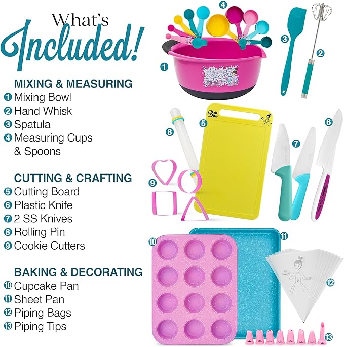 Kids Cooking Sets Real Kid Baking Set With Kid Safe Knife Set Beginers Baking Supplies With Nonstick Baking Pans, Kids Cook Book Best Baking Gift