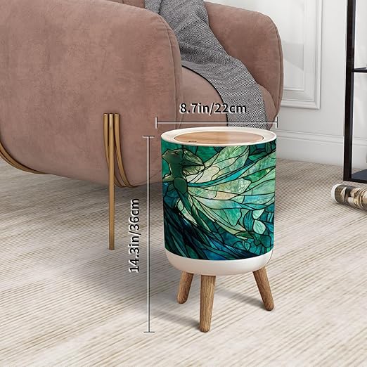 Trash Can with Lid Ethereal Fairy Floral Stained Glass Jewel Tones Press Top Round Small Garbage Bin with Wooden Legs Waste Basket for Kitchen Bedroom Nursery 7L/1.8 Gallon