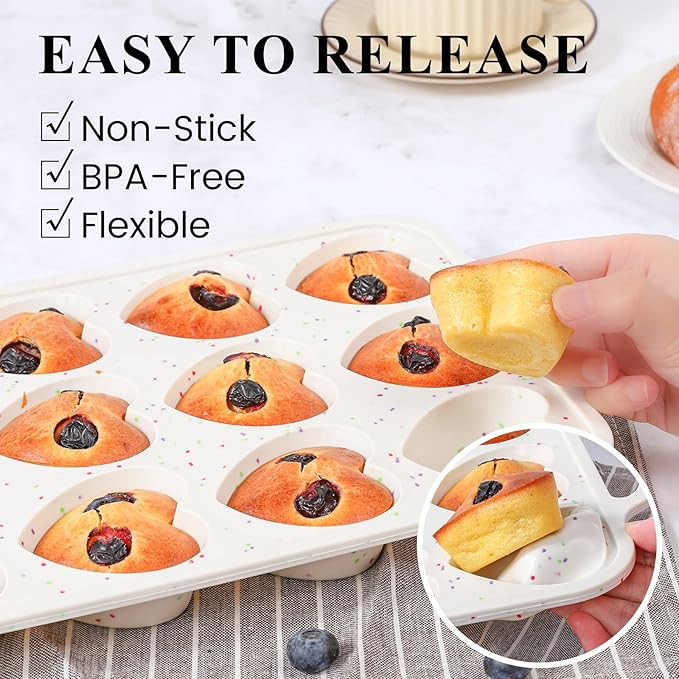 FUNBAKY 2 Pcs Heart Shaped Silicone Muffin Pan，Metal Reinforced Frame, 12-Cavity Nonstick Silicone Heart Mold for Muffins, Cupcakes, Bread,Chocolate Muffin and Tartlets