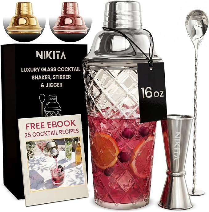 Nikita Cocktail Shaker, 5-Piece Martini Shaker & Bartender Kit with Bar Accessories Strainer, Jigger, Spoon & Muddler, Silver 16oz Drink Mixer with Bartender Accessories