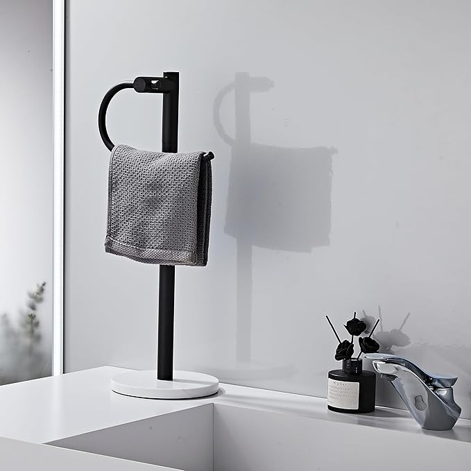 19 Inch Modern Hand Towel Holder Stand with Marble Base, Black Metal, Freestanding Bathroom Counter Towel Rack
