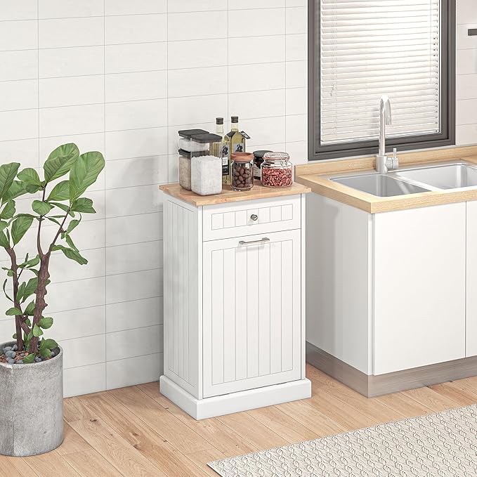 HOMCOM 10 Gallon Tilt Out Trash Cabinet, Wooden Hidden Trash Can with Storage Drawer for Kitchen, Laundry Hamper Cabinet for Bathroom, White