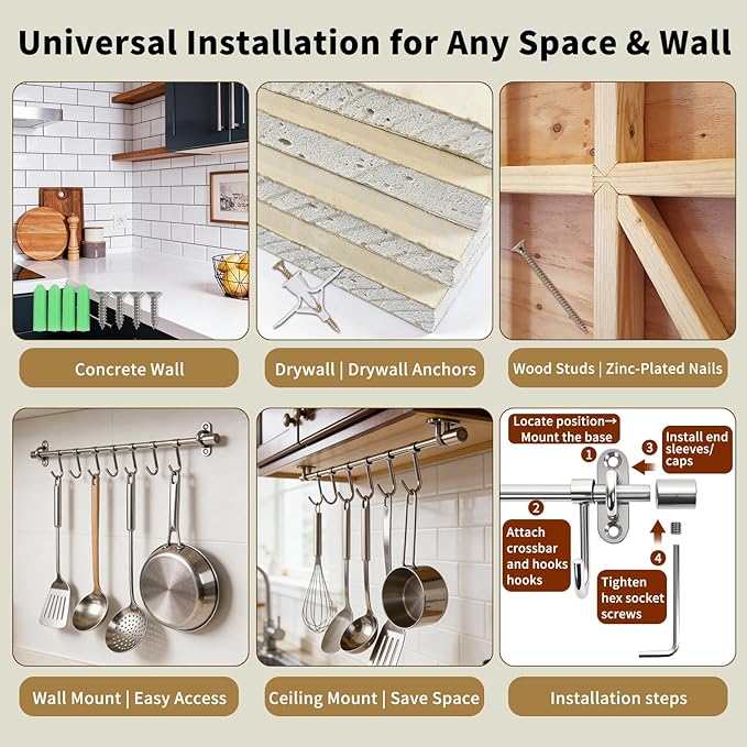 20" Kitchen Utensil Rack with Adjustable Holes - 8 Sliding Hooks 304 Stainless Steel, Pots and Pans Hanging Rack Wall Mounted 2 Packs