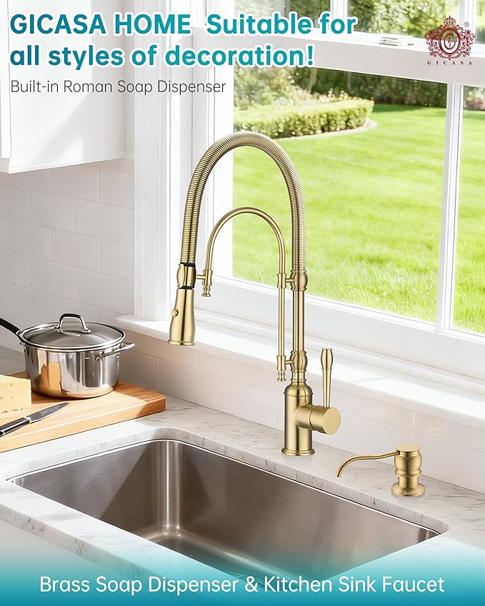 Built in Deck Mount Liquid Lotion Kitchen Countertop Metal Soap Dispenser, Brushed Gold Brass Dispenser Pump with 47.2" Silicone Long Tube for 0.79 "- 1.38" High Capacity Bottle Mouths
