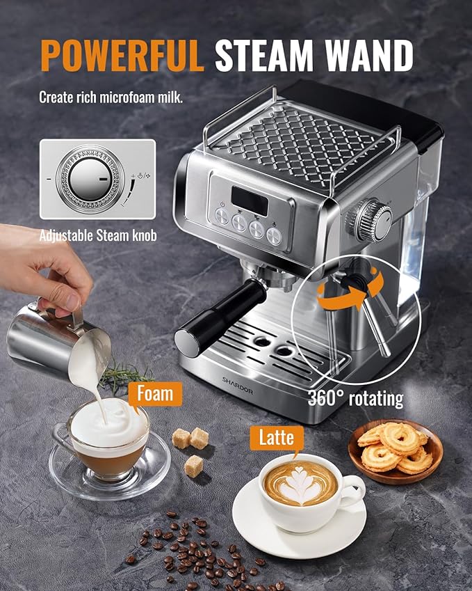 SHARDOR 20-Bar Espresso Machine for Home Barista, Espresso Coffee Maker with Temp Display, Built-In Steam Wand for Latte & Cappuccino, Stainless Steel, 1350W, 60oz Water Reservoir