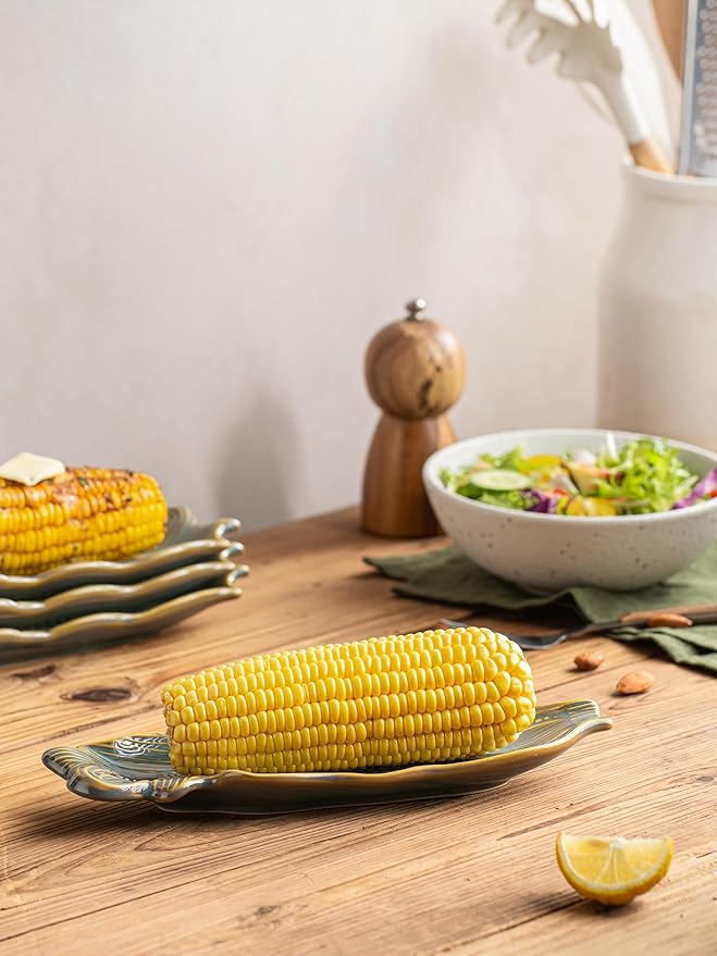 Corn Dishes, Ceramic Corn on the Cob Holders and Trays, Set of 4