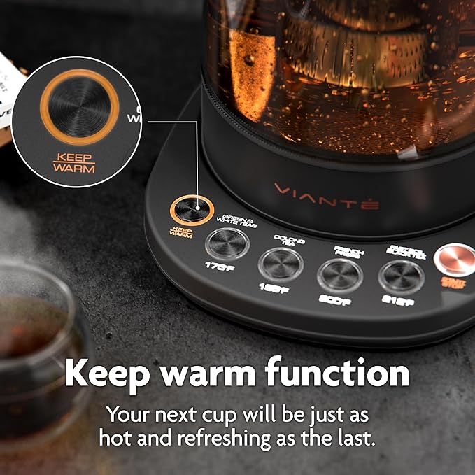Vianté Electric Kettle With Infuser. No Plastic In Contact With Water. Hot Tea Maker With Temperature Control And Automatic Shut Off 1.5 Liters Capacity | Black Color