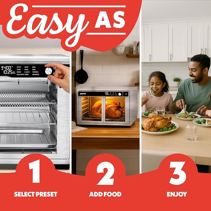 Gourmia French Door Air Fryer Oven - 37 Qt Large Capacity Convection Toaster Oven, FryForce 360°, Digital Display, 12 Cooking Presets, Dehydrate, Fits 13” Pizza, Dishwasher-Safe, Stainless Steel