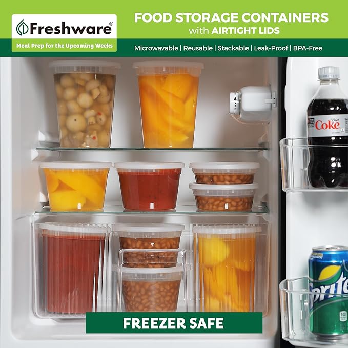 Freshware Food Storage Containers [50 Set] 8 oz Plastic Deli Containers with Lids, Slime, Soup, Meal Prep Containers, BPA Free, Stackable, Leakproof, Microwave, Dishwasher and Freezer Safe