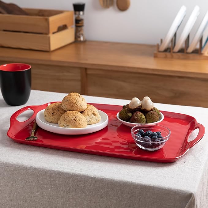 LEHAHA Large Christmas Melamine Serving Tray with Handles, Rectangular Serving Platter, Set of 2, 19''x12'' Turkey/Barbecue/Food/Grilling Prep and ServeTray. Bright White and Christmas Red