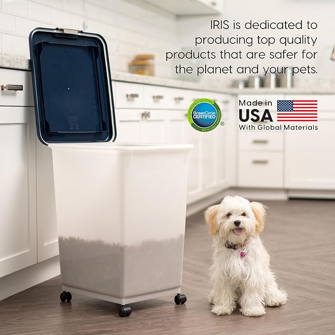 IRIS USA 54 Lbs / 69 Qt WeatherPro Airtight Pet Food Storage Container with Attachable Casters, For Dog Cat Bird and Other Pet Food Storage Bin, Keep Fresh, Easy Mobility, BPA Free, Navy/Pearl