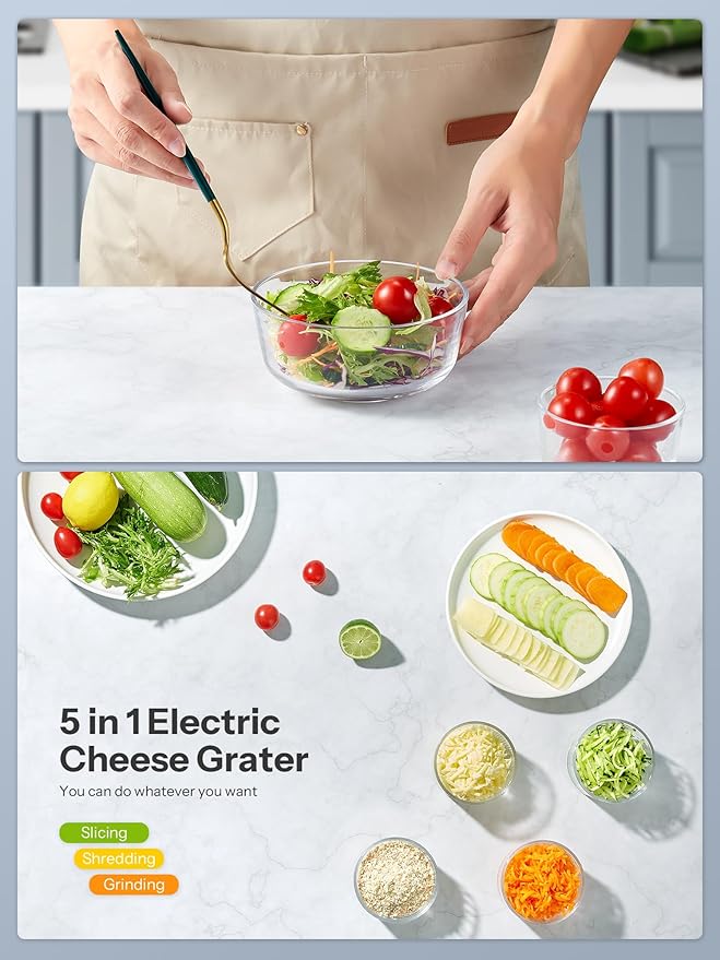 Electric Cheese Grater, Reemix 5 Multi Blade Cheese Shredder Salad Maker, One Touch Easy Control, Multi Salad Maker for Vegetables, Cheeses and Nuts, White