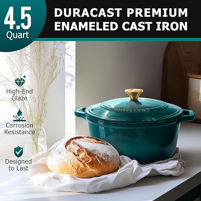 MUELLER HOME 4.5 QT Enameled Cast Iron Dutch Oven, Heavy-Duty Casserole Dish and Braiser Pan with Lid, Oven-Safe up to 500° F & Across All Cooktops, Housewarming Gifts New Home, Emerald