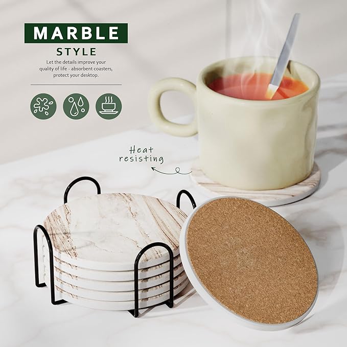 Coasters Set of 6 for Drinks, Beer, Coffee, Coasters for Drinks Absorbent Stone with Holder, Marble Style Ceramic Drink Coaster for Tabletop Protection and Home Decor, Suitable for Kinds of Cups