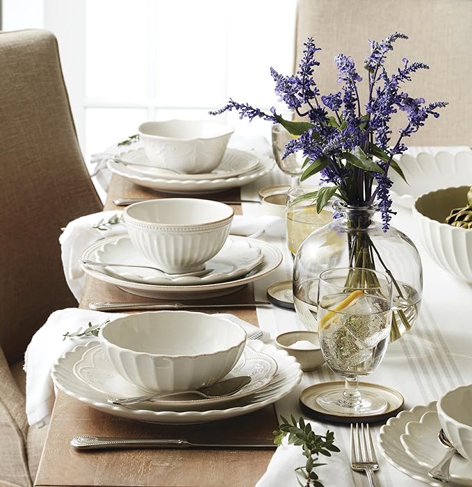 Lenox Dinnerware Set, French Perle Scallop 4-Piece Place Setting, Service For 1, Dinnerware Set, Stoneware, Includes Plates, Bowl, and Mug, Dishwasher And Microwave Safe, Dish Set (White, 4 Piece)