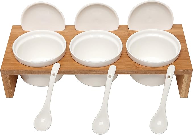 MyGift 10 Pcs Sauce Serving Dish, Hosting Party Essentials Host Gift, 3 Ceramic Ramekin Chip Dip Bowls with Lids & Spoons, Premium Bamboo Server Tray, Condiment Pot Entertaining