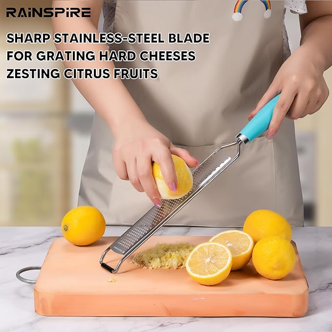 Rainspire Zester Grater with Handle, Lemon Zester Cheese Grater for Kitchen Stainless Steel, Parmesan Cheese Garlic Nutmeg Chocolate Fruits Vegetables Ginger Grater, Fine, Blue