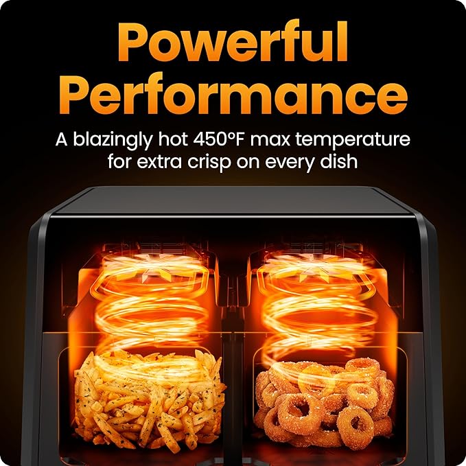 Chefman Dual Air Fryer Oven with DC Motor, 9 Qt. Double Basket Air Fryer with 450°F Max Temp for Meals in Minutes, Bake, Broil, Dehydrate, Reheat for Extra-Crispy Chicken, Fries, and More - Black