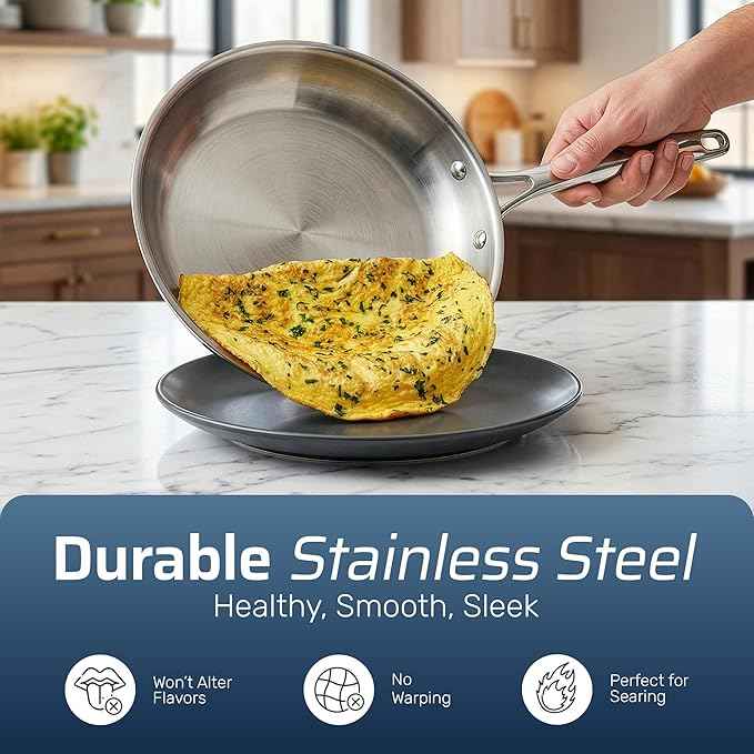 Gotham Steel 10 Pcs Tri Ply Stainless Steel Cookware Set, Pots and Pans Set with Induction Bottom, Made Without PTFE PFOA PFOS, Metal Utensil Safe, Oven and Dishwasher Safe