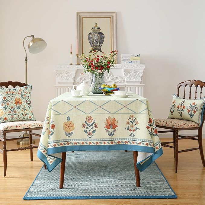 ISAENNE Designer Linen Floral Small Rectangle Tablecloth,Light Green Farmhouse Durable Table Cloth,Washable Decor Tablecloths for Dining Kitchen Thanksgiving Christmas,55"*71"-Floralsea B