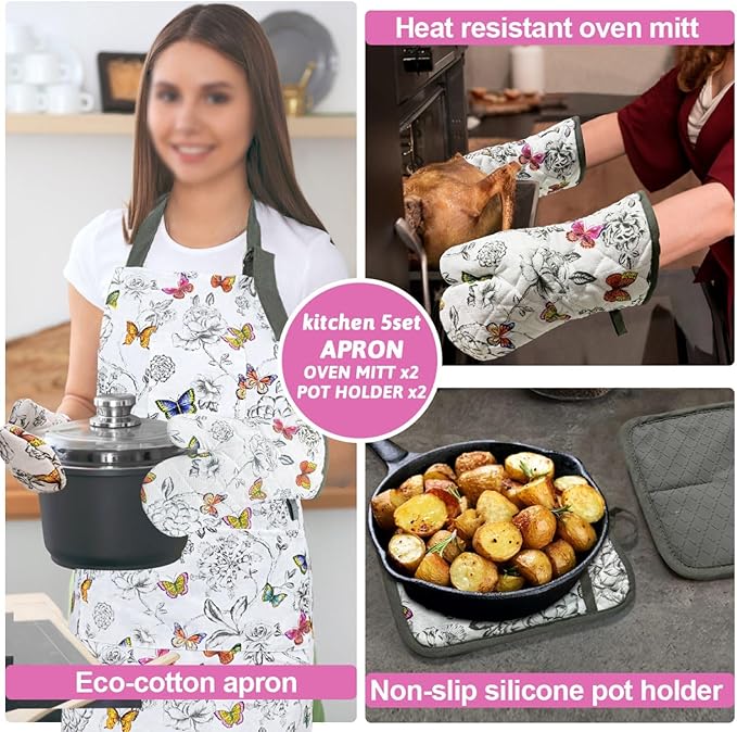 Alselo Oven Mitts and Pot Holders with Chaf Apron,Set of 5 Heat Resistant Kitchen Gloves and Silicone Non-Slip Potholders Adjustable Neck Buckle Apron, Cotton Nice Design for Cooking (Butterfly)