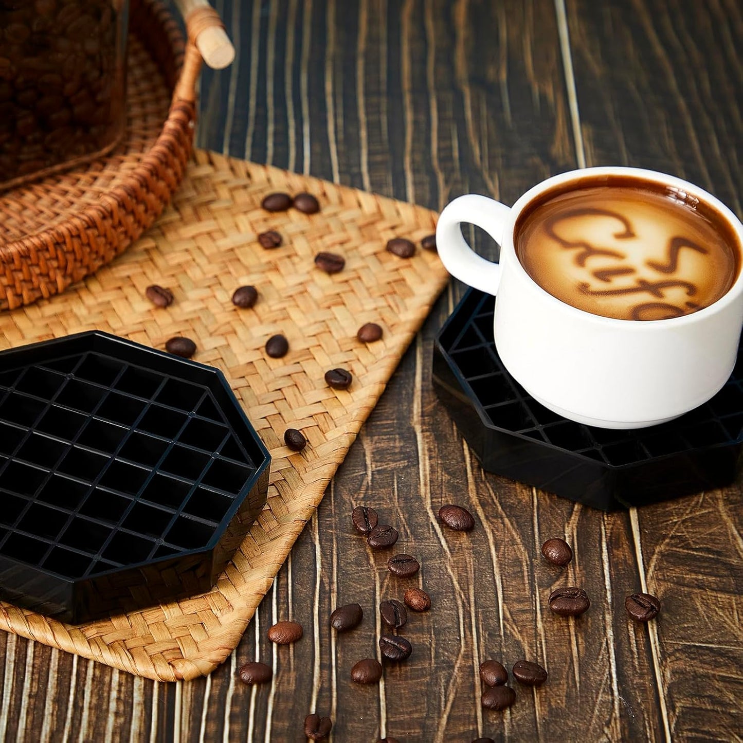 Suclain 12 Pcs 4 Inch Coffee Drip Tray Black Plastic Octagon Coffee Countertop Drip Coaster with Honeycomb Grid for Drink Tea Wine Beverage Dispenser
