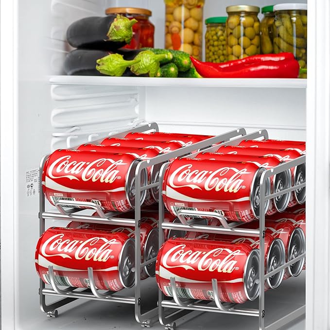 Canyave Soda Can Organizer Storage Rack, 2 Pack Stackable Beverage Soda Can Dispenser Organizer Holder for Refrigerator, Cabinet, Pantry (Silver)
