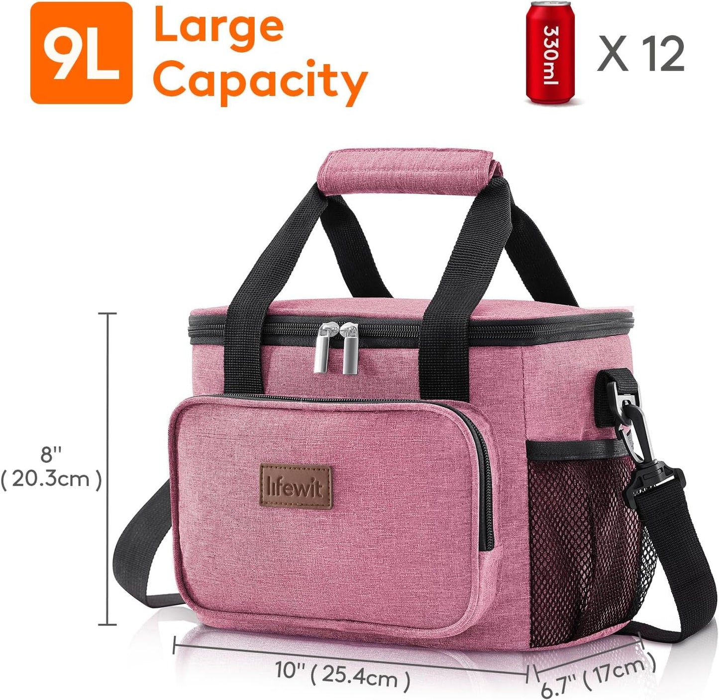 Lifewit Medium Lunch Bag Insulated Lunch Box Soft Cooler Cooling Tote for Adult Men Women, Pink 12-Can (9L)