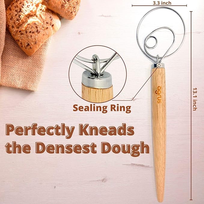 Danish Dough Whisk - Bread Making Tools - Danish Dough Hook - Bread Dough Mixer Hand - Bread Dough Whisk for Pastry - Large Stainless Steel Swedish Whisk with Wooden Handle