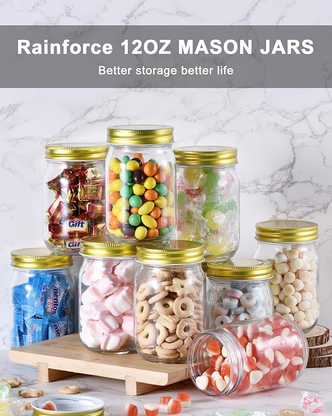 12oz Glass Jars With Lids Regular Mouth 20 Pack -Mason Jars 12 oz For Crafts, Meal Prep, Canning Jars For Food Storage Frascos De Vidrio Con Tapa Para Conservas-with 20 Chalkboard Stickers-Gold Lid