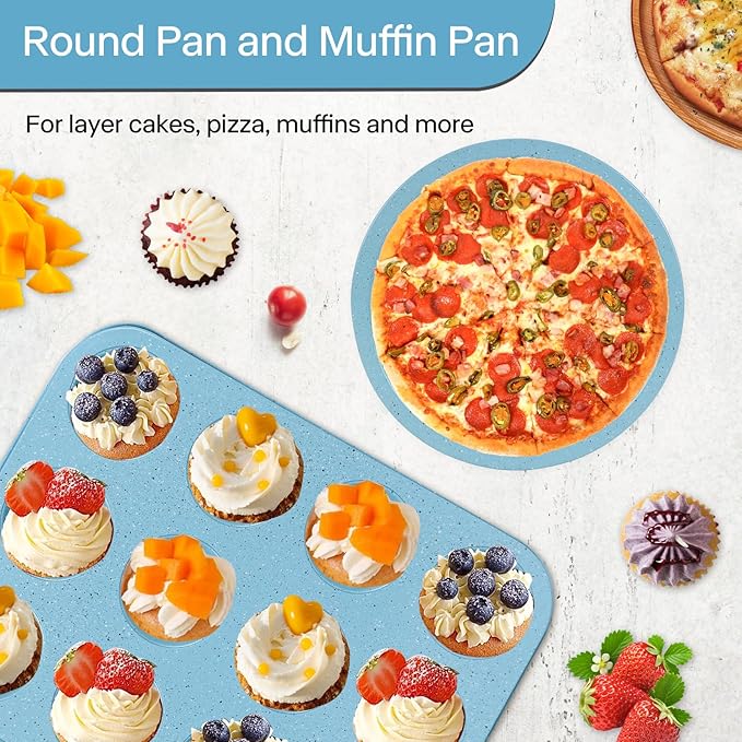 Baking Pans Set Non Stick, Bakeware Sets Stackable, Oven Safe, Steel Baking Set Supplies for Home Baking, Roasting, Easy to Release, Sturdy Bake Gifts for Holiday, Blue, 6 Pieces
