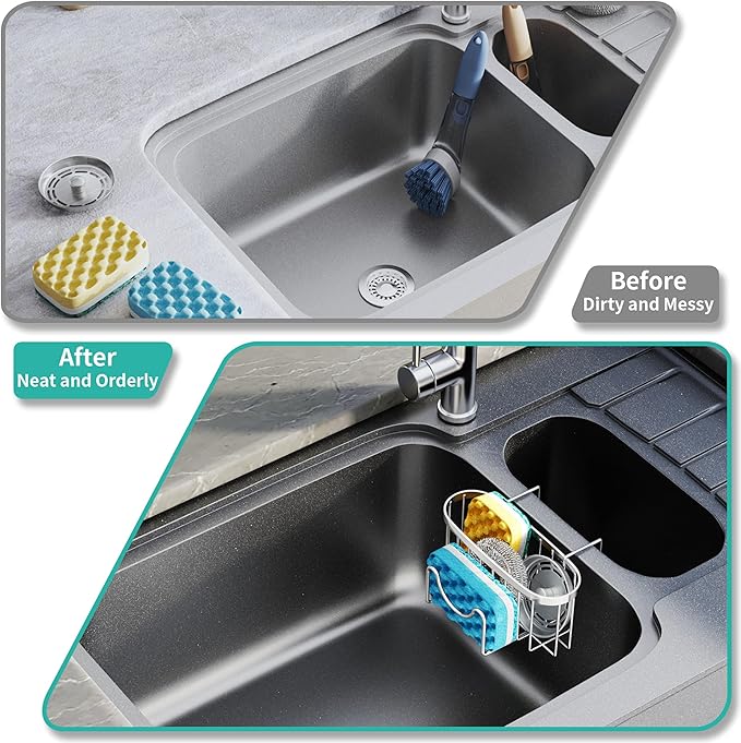 HapiRm Sponge Holder for Kitchen Sink - Rustproof Hanging Kitchen Caddy for Double-Bowl Sink, Center Divider Width Less Than 1.5in- Silver